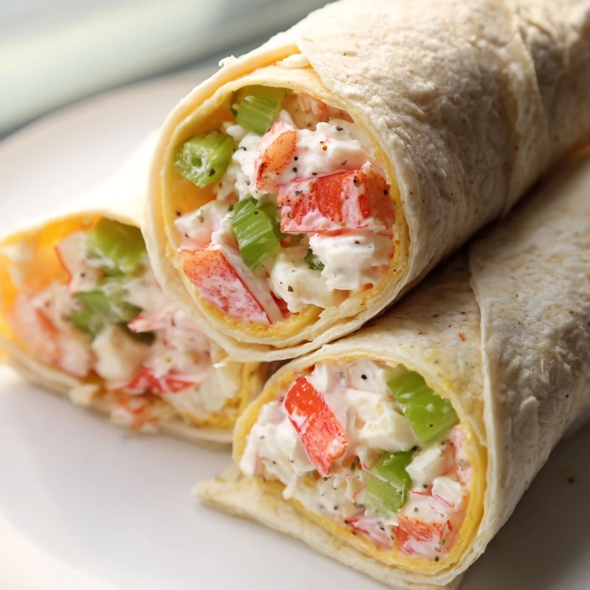 Savory Quick Crab Wraps garnished with fresh celery and green onions on a plate.  