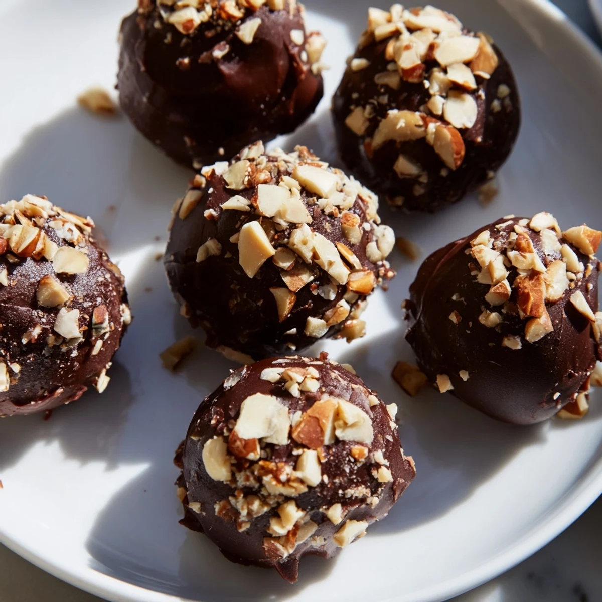 Decadent chocolate ricotta truffles adorned with crunchy almond pieces, perfect for dessert.