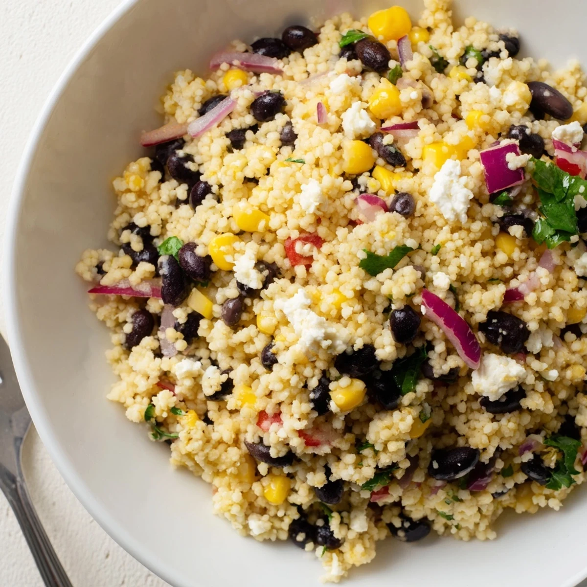 A vibrant couscous salad featuring black beans, corn, and crumbled feta cheese.  