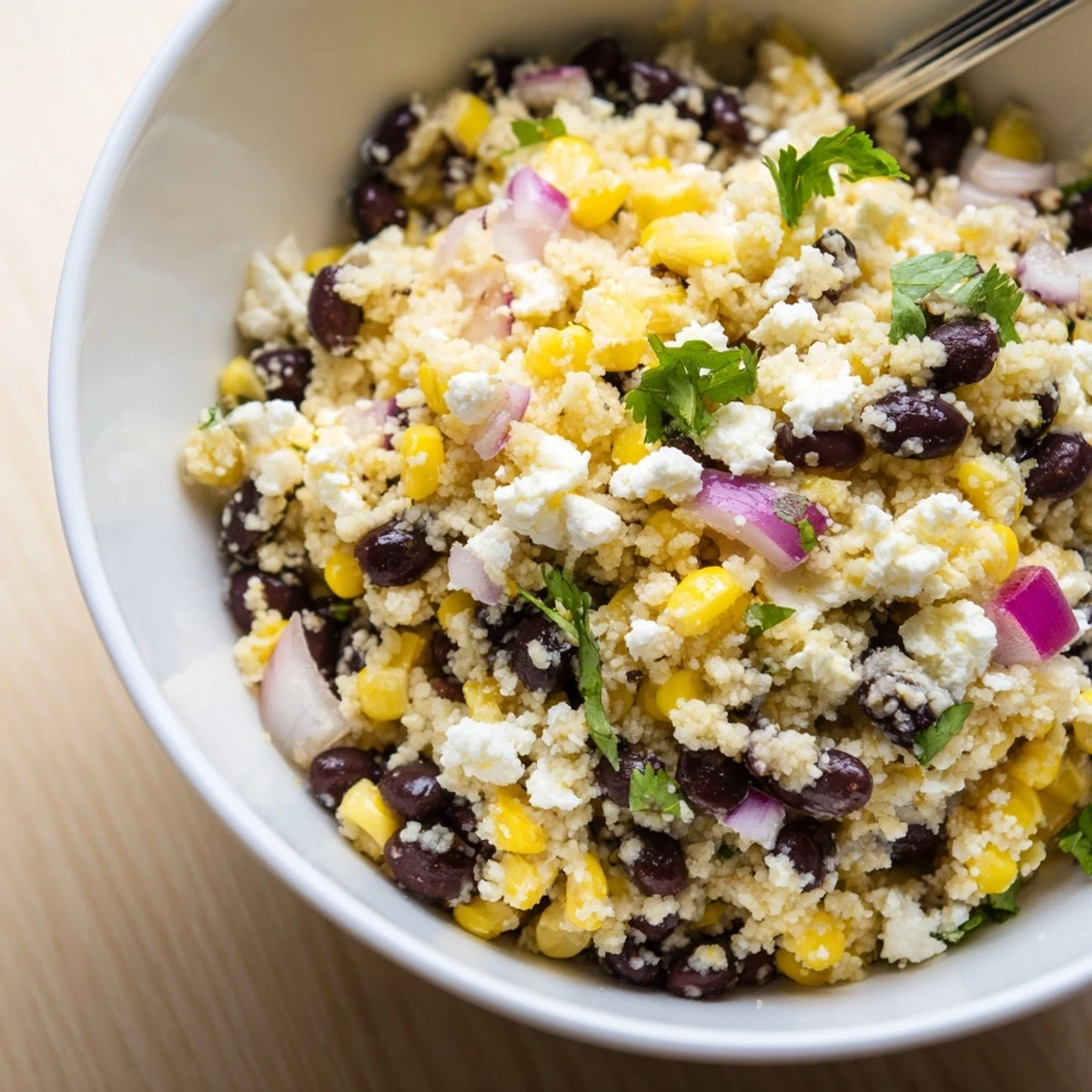 Freshly made couscous salad with black beans, corn, and feta, bursting with flavor.
