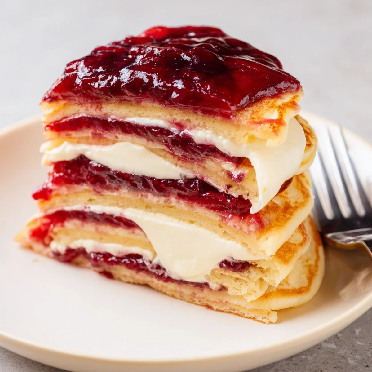 Fluffy pancakes layered with creamy cheese and sweet jam, perfect for breakfast delights.  