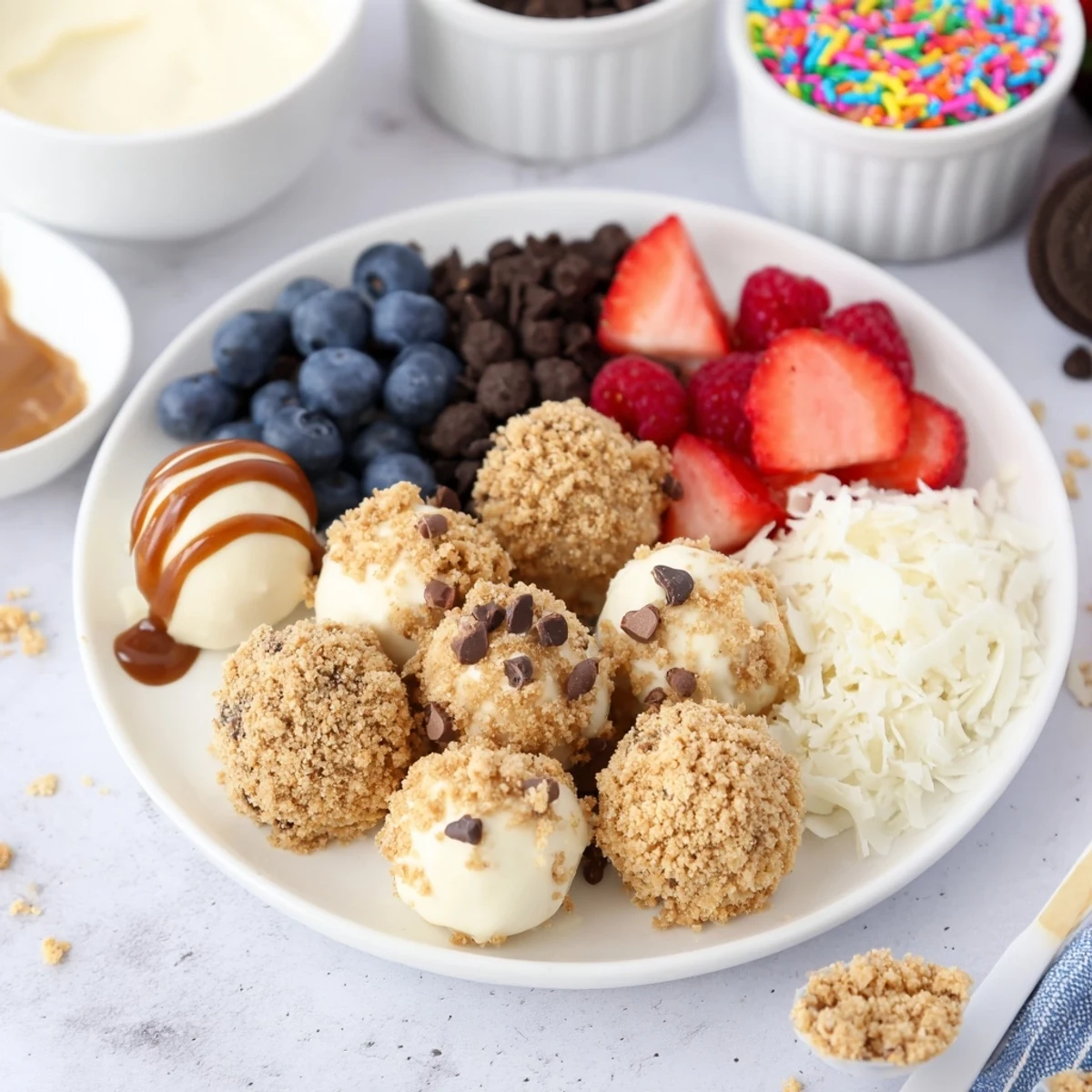 Creamy cheesecake bites drizzled with chocolate ganache on a dessert board.  