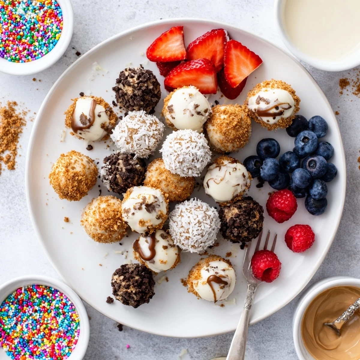Deconstructed dessert board featuring vibrant berries and rich salted caramel sauce.  