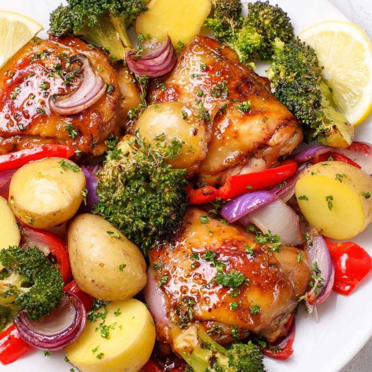 Juicy Lazy Gourmet Chicken & Vegetable One-Pot dish, vibrant with fresh broccoli and peppers.  