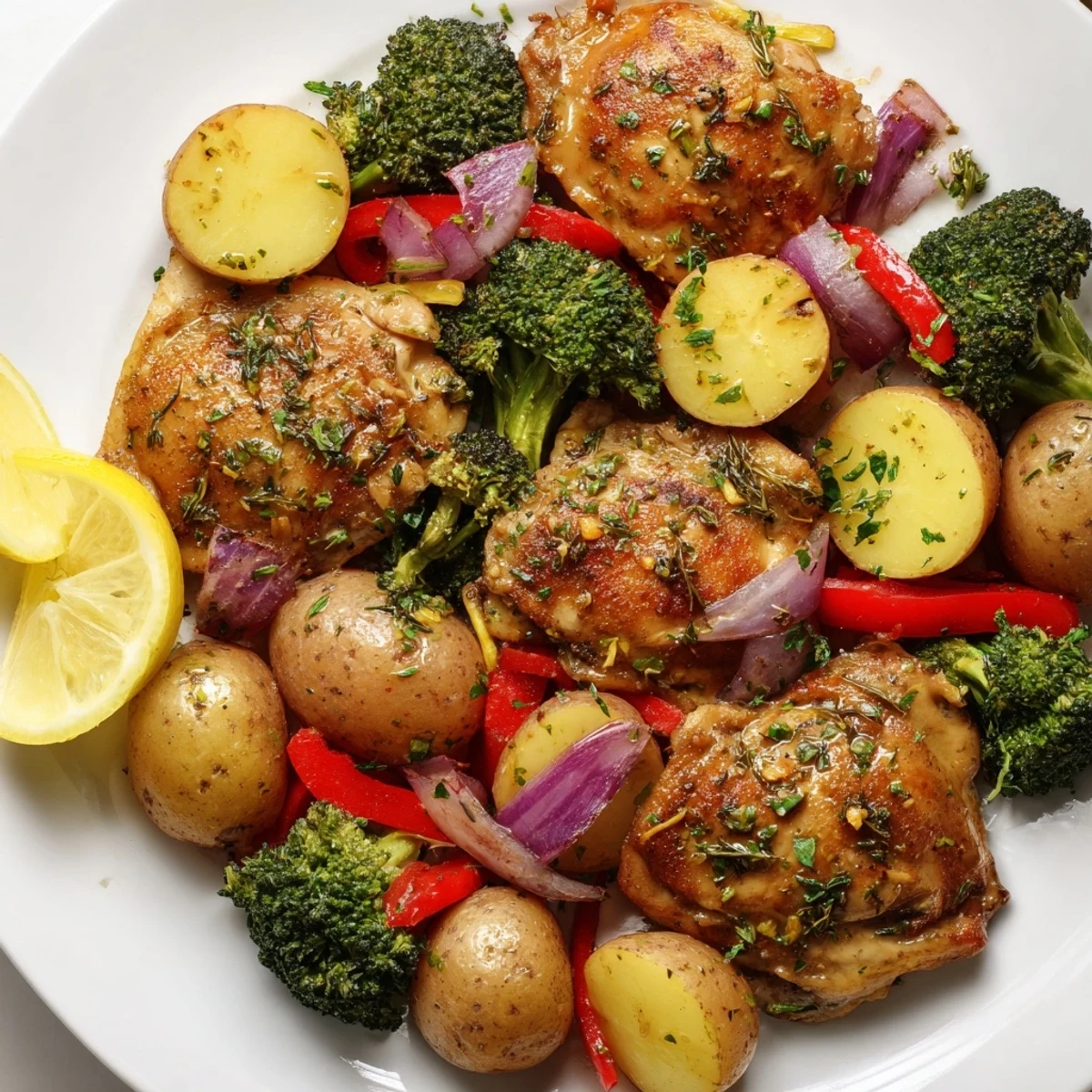 Hearty Lazy Gourmet Chicken & Vegetable One-Pot served with parsley and zesty lemon wedges.