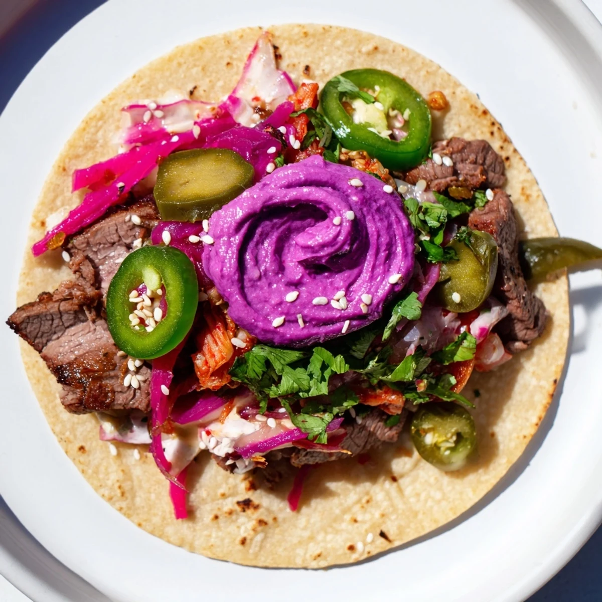 Sizzling Global Street-Food Fusion Tacos with spicy kimchi and creamy ube for a delightful meal.