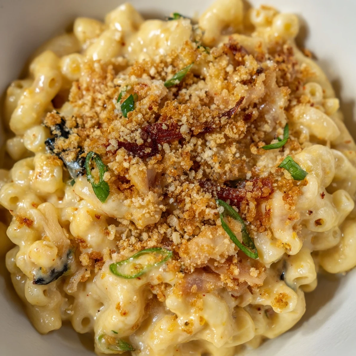 Creamy Spicy Kimchi Mac & Cheese with crunchy sesame topping, perfect comfort food.  