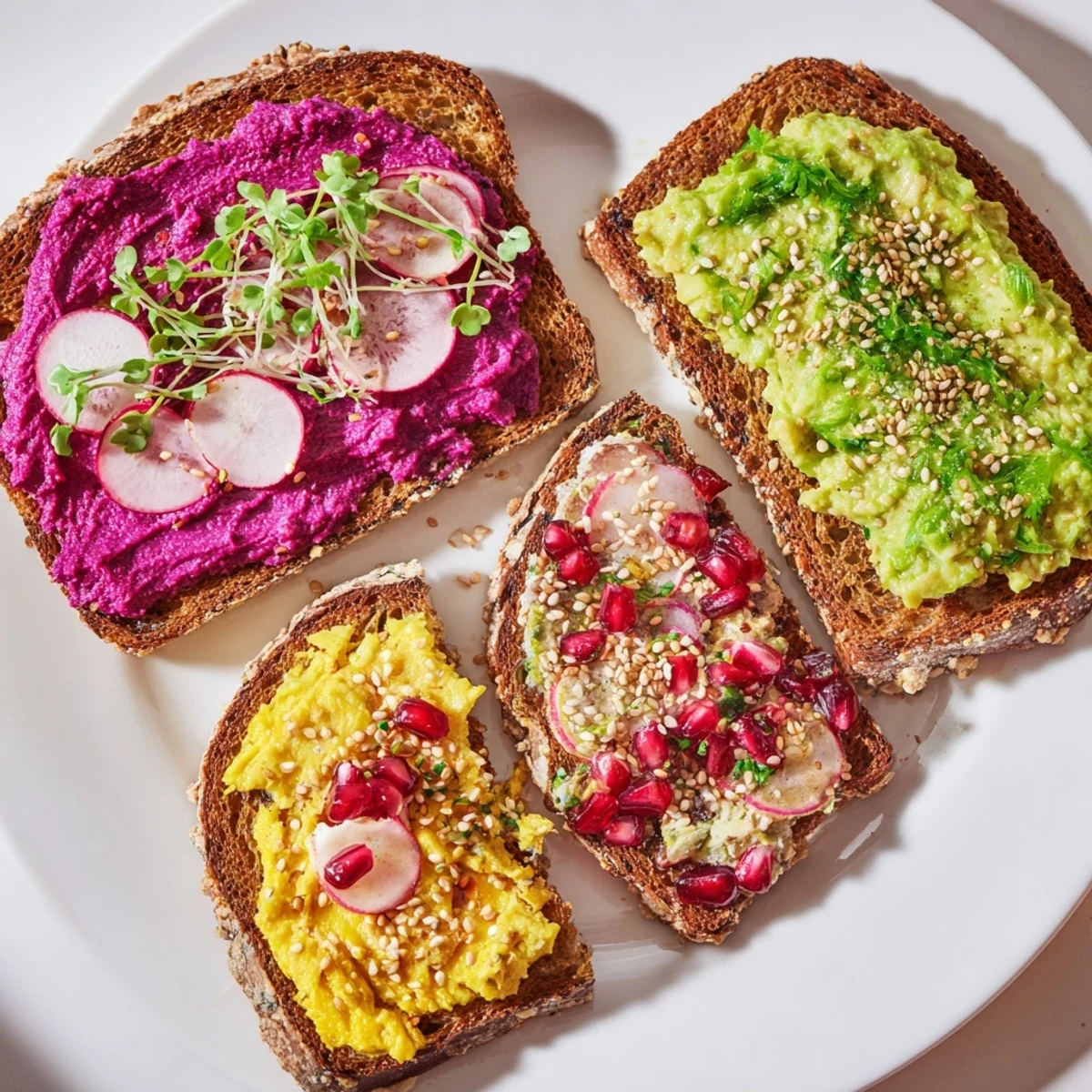 Colorful Bright & Bold Breakfast Toasts adorned with creamy ube and zesty avocado layers.  