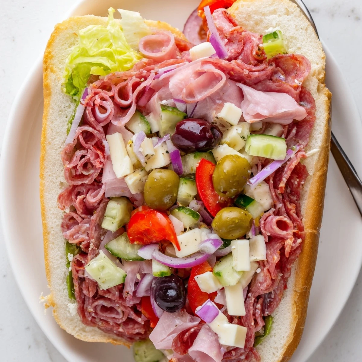 Vibrant Flavor Mash-Up Sandwiches stacked high with meats, cheeses, and crunchy veggies.  