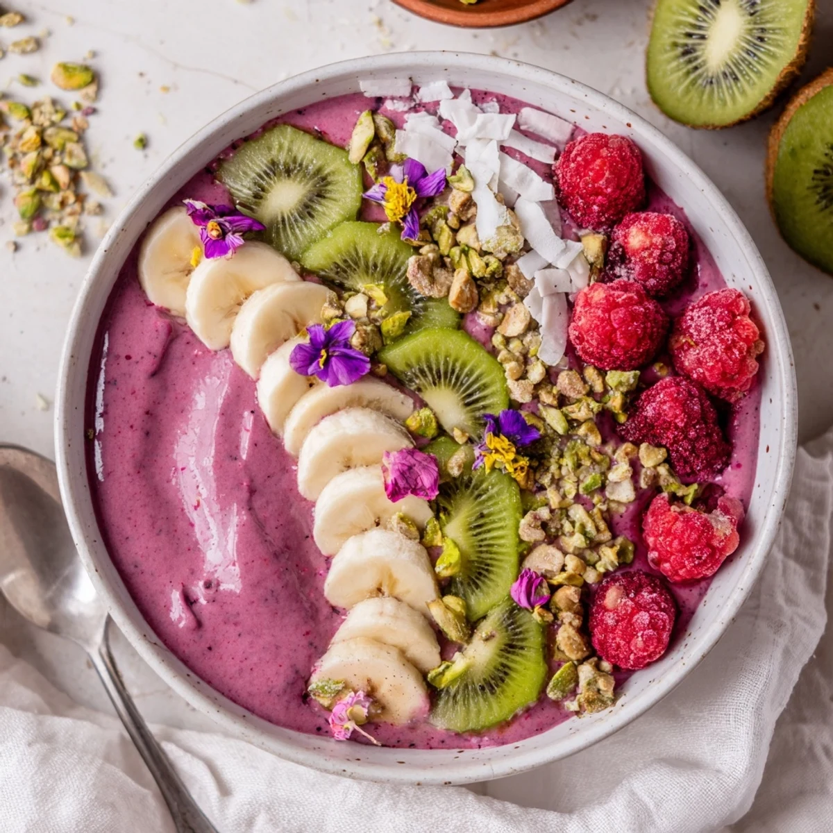 Colorful vibrant smoothie bowls topped with fresh fruits and crunchy granola.  