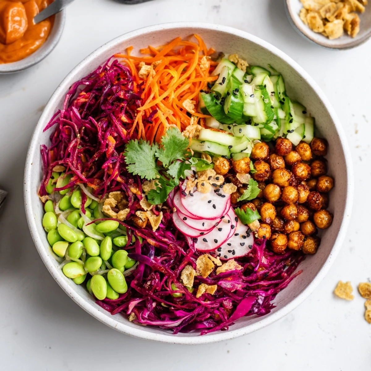 A colorful ASMR Crunch Snack Bowl filled with vibrant veggies and crispy toppings.  