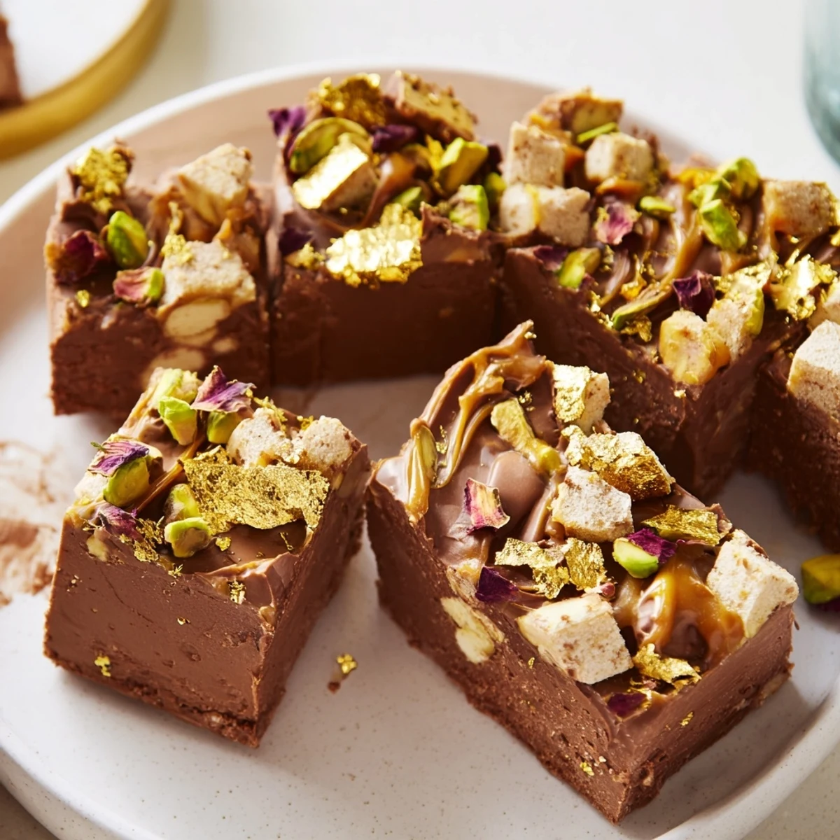 Indulge in a luxurious chocolate bar inspired creation topped with rose petals.  