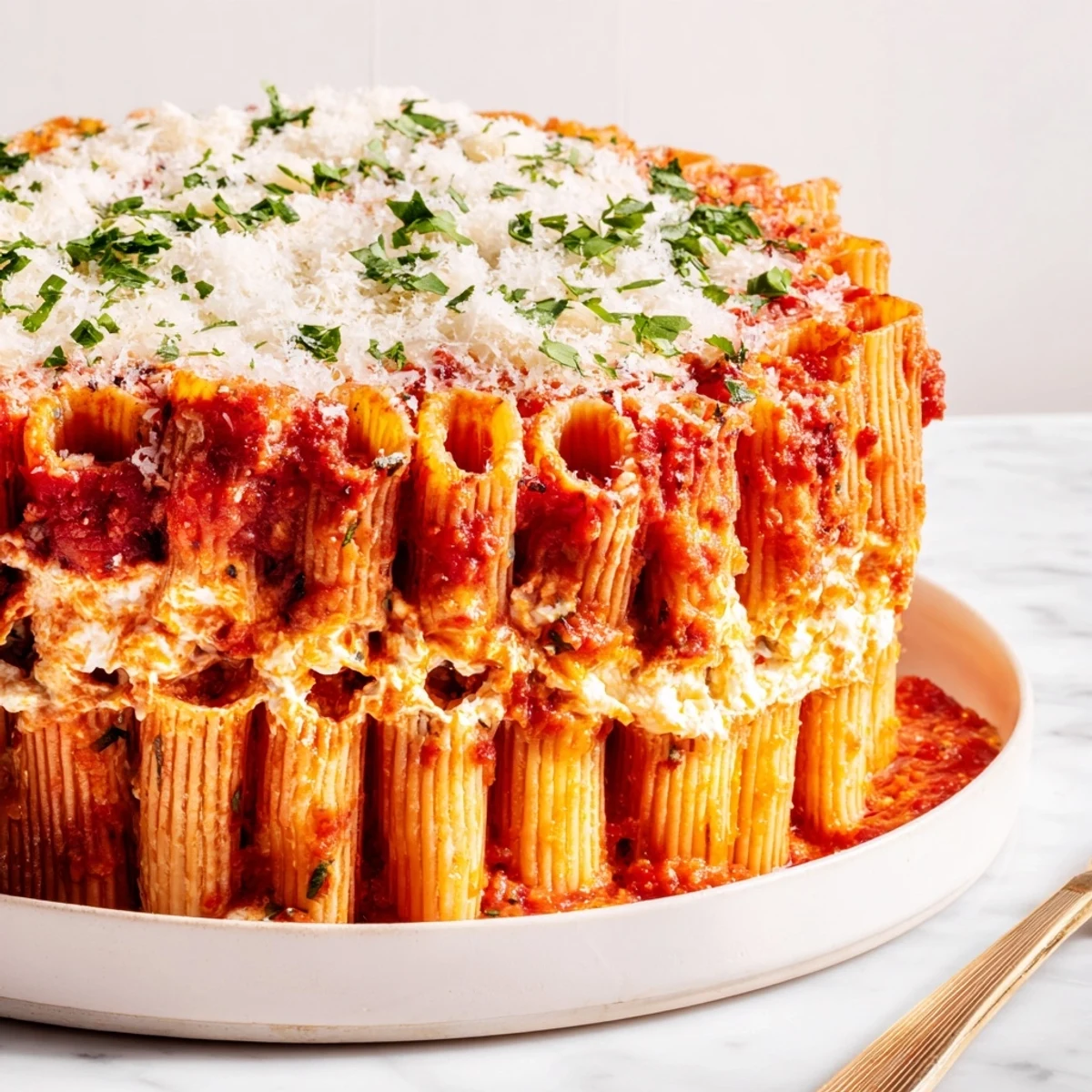 Stunning honeycomb pasta cake filled with rich tomato sauce and creamy cheese.  