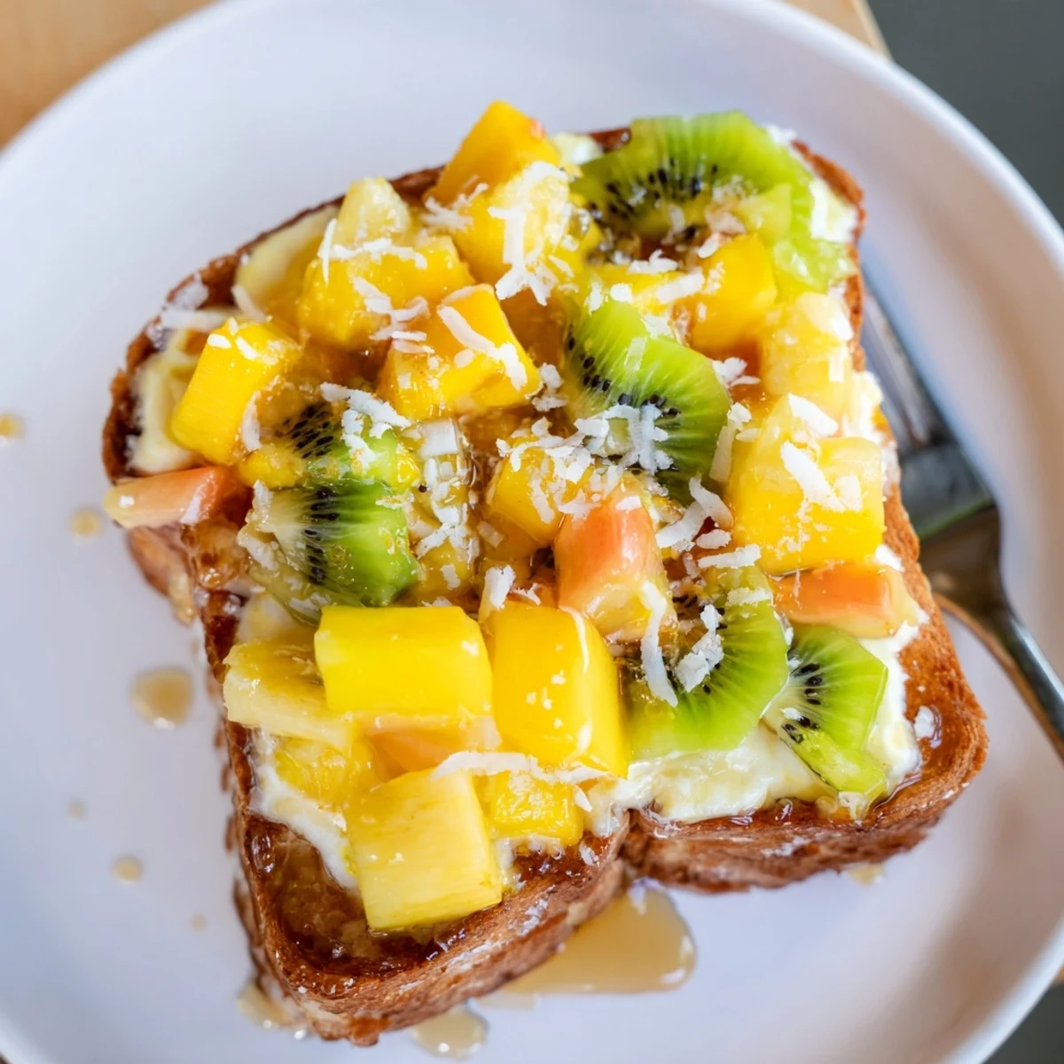 Creamy Yogurt-Custard Toast topped with fresh tropical fruit for a delightful breakfast.  