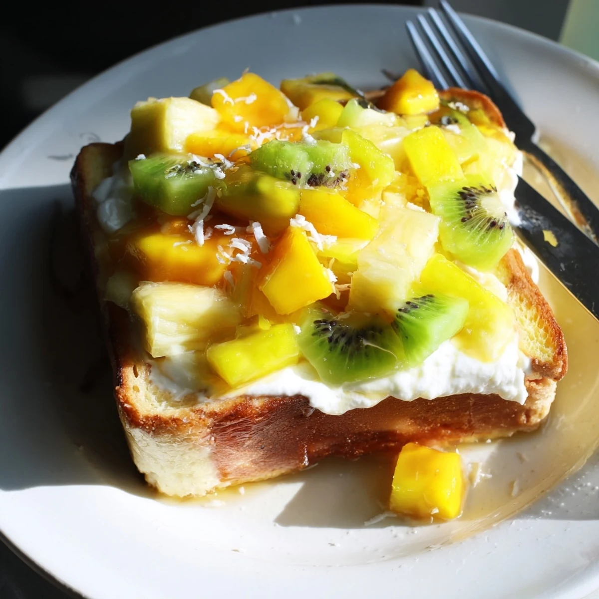 A delicious Yogurt-Custard Toast featuring vibrant fruit and a coconut custard filling.  