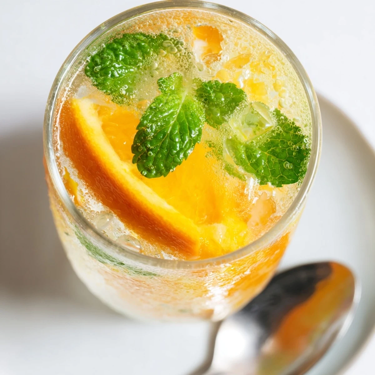 Refreshing probiotic soda mocktail garnished with orange slices and fresh mint leaves.  
