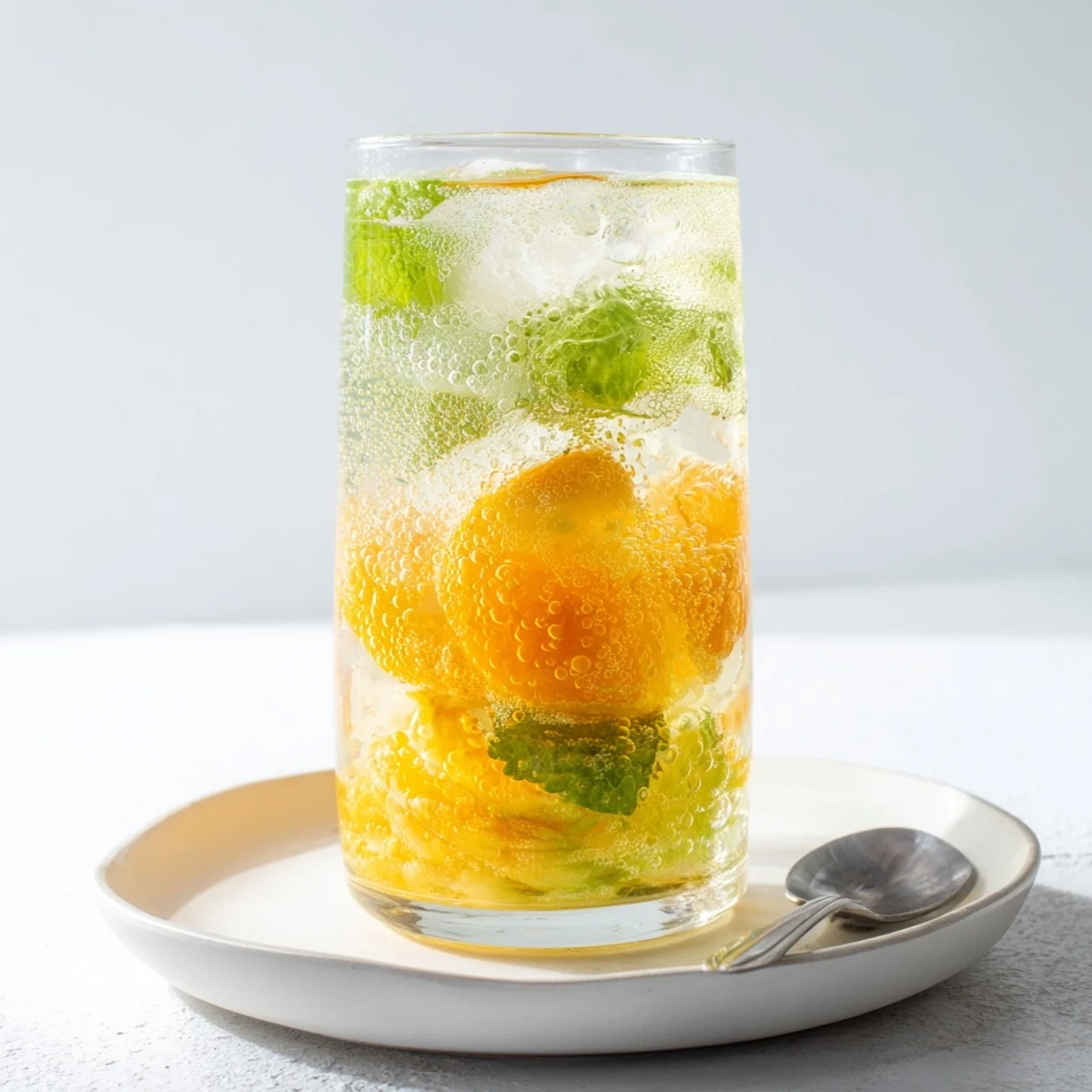 Citrusy probiotic soda mocktail with vibrant mint, perfect for warm weather enjoyment.