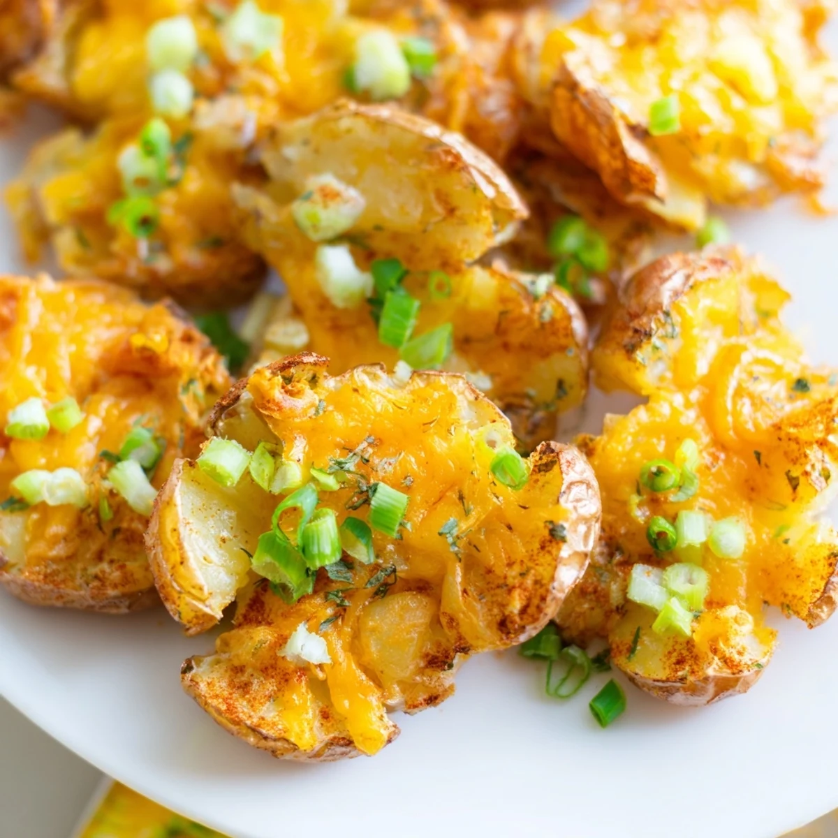 Golden potatoes smashed and roasted, loaded with green onions for delicious flavor.  