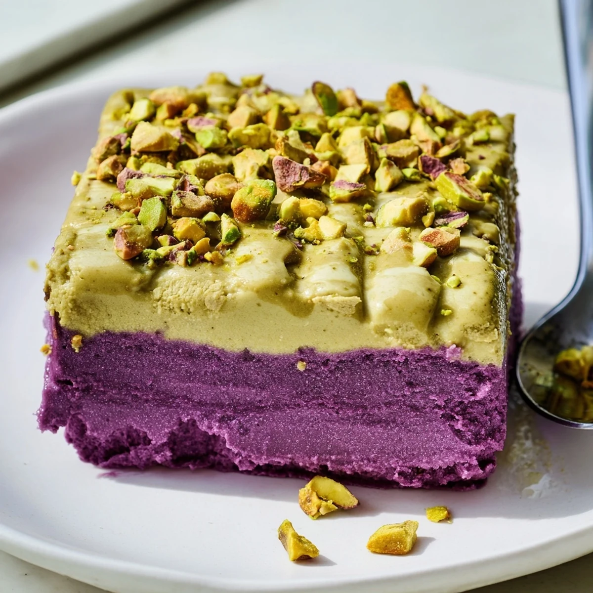 Creamy ube and pistachio ice cream bars drizzled with condensed milk, perfect for summer.