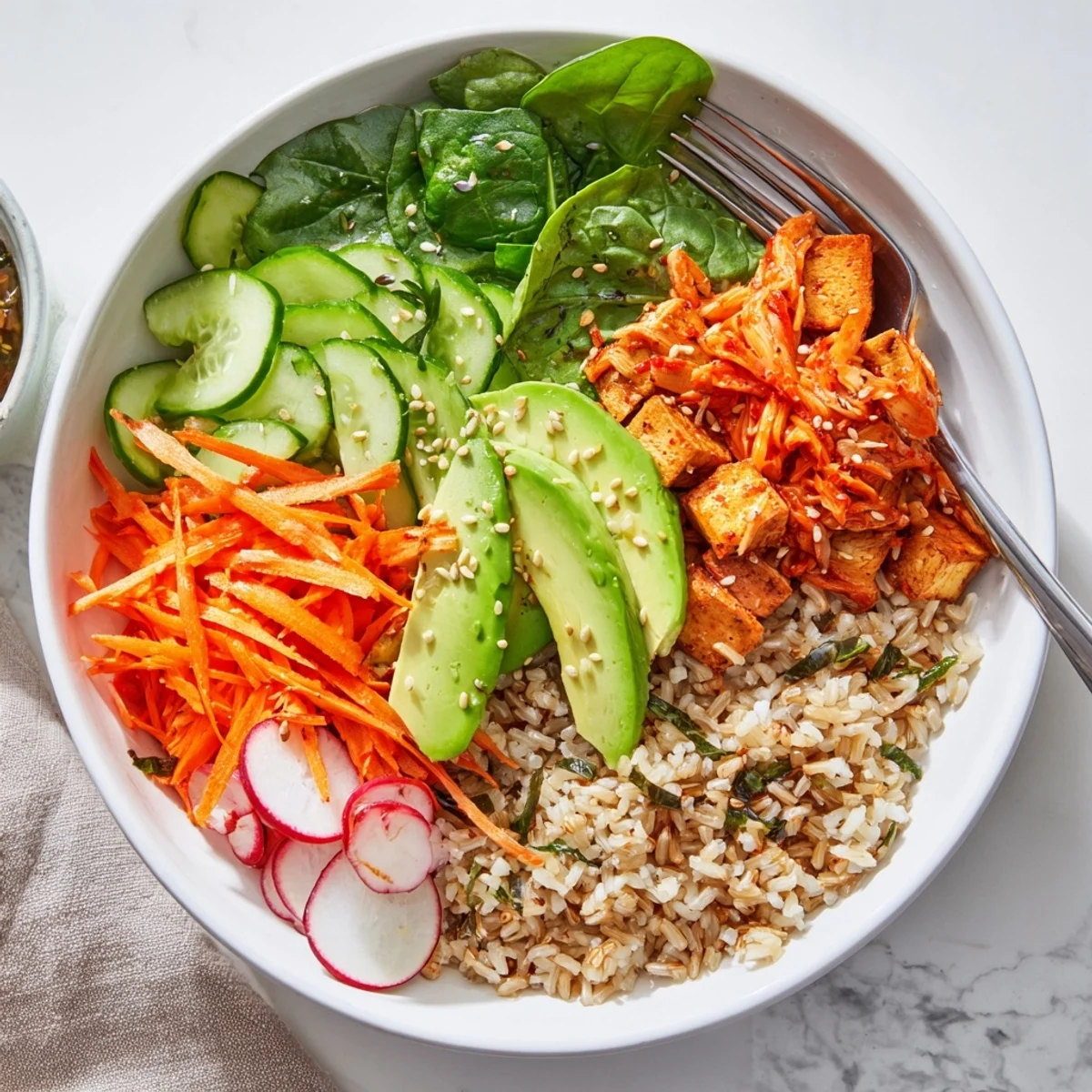 Vibrant fermented vegetable bowl with tangy kimchi, fresh greens, and hearty grains.  