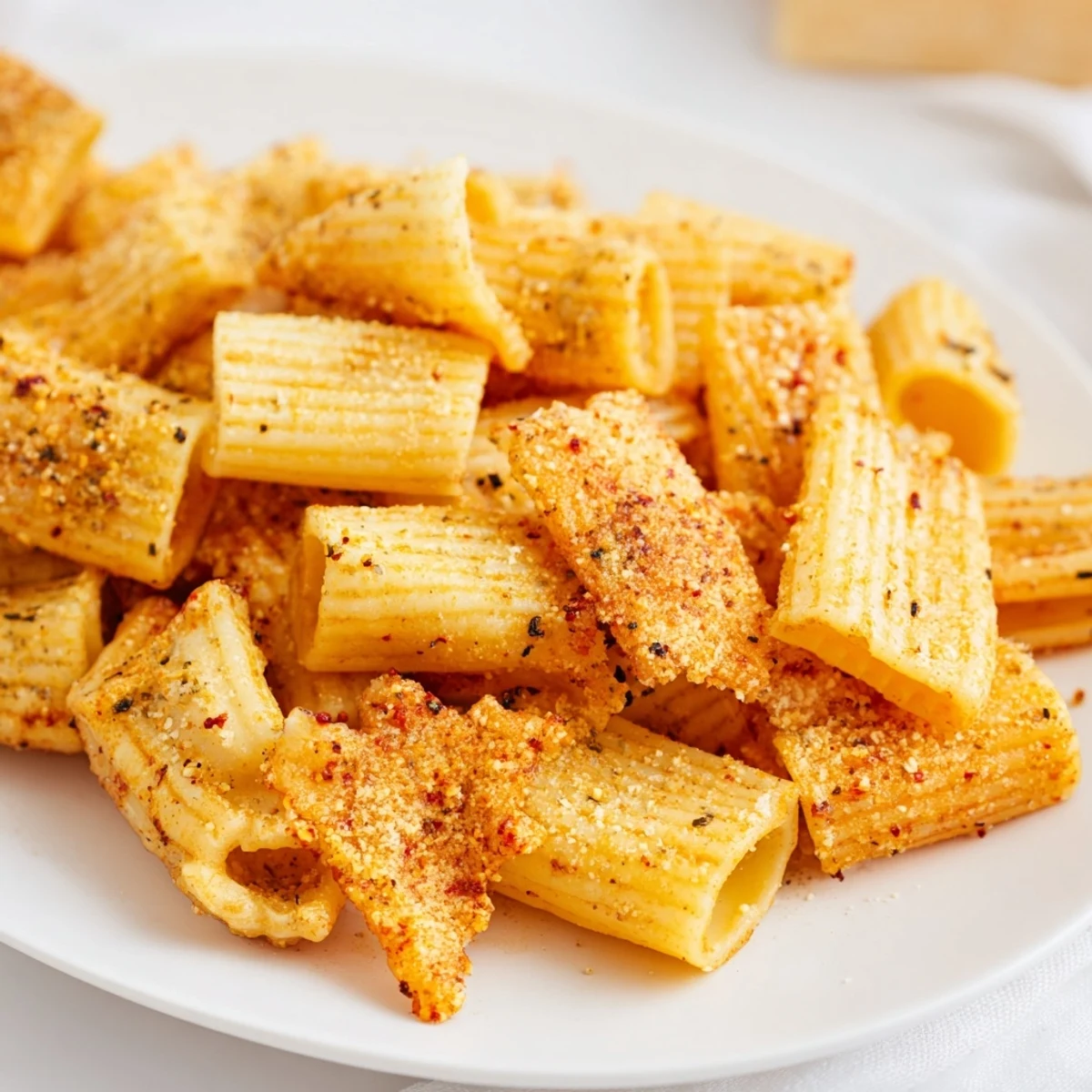 Crispy pasta chips seasoned variety served with vibrant dips for delightful snacking.  