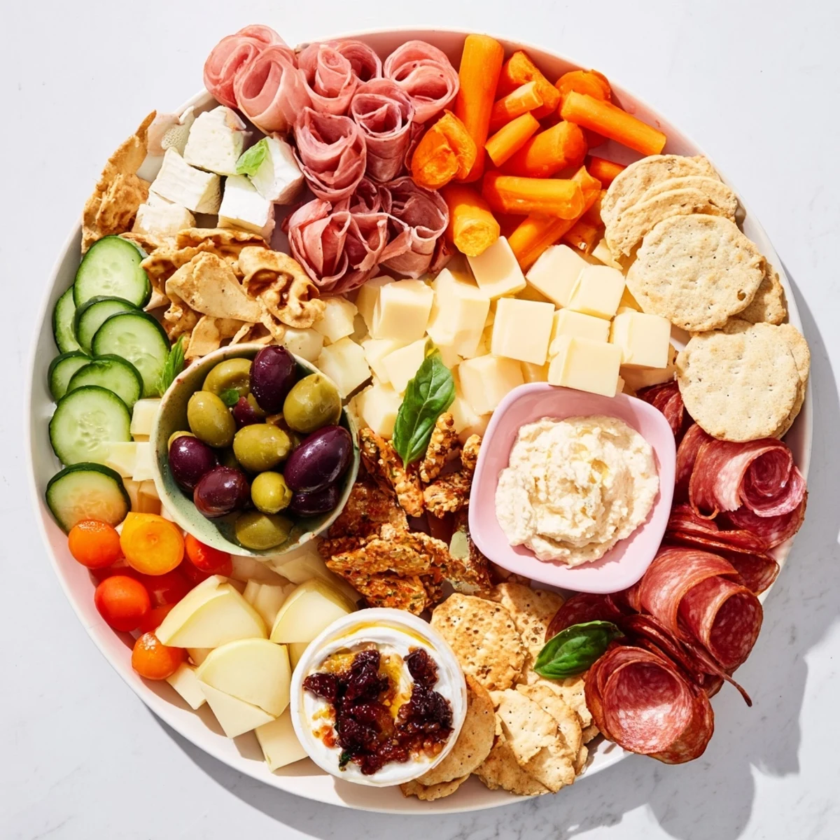Elegant Girl Dinner Platter filled with dips, delicious cheeses, and seasonal fruits.