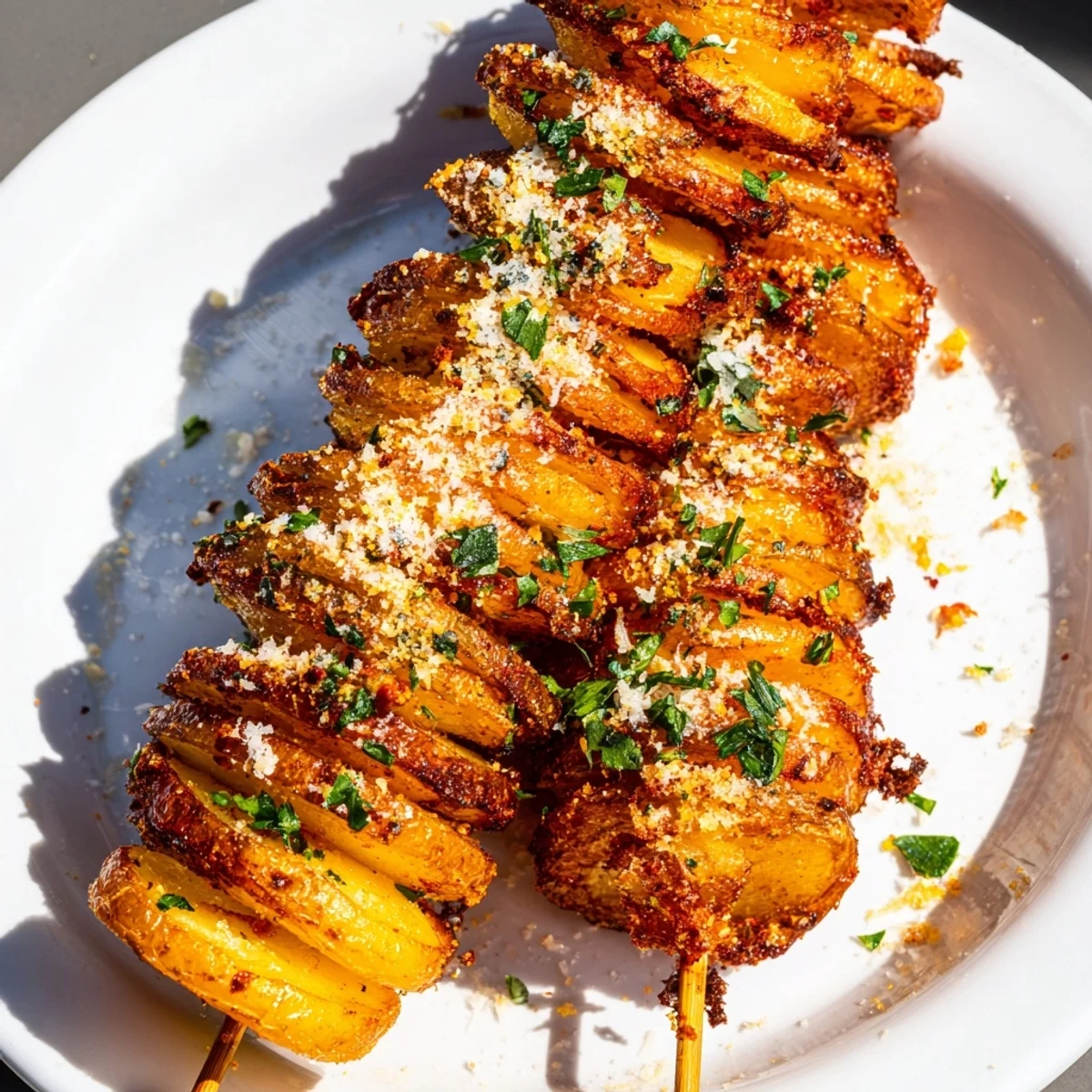 Golden spiral potatoes seasoned with garlic and paprika, ideal as a fun side dish.  
