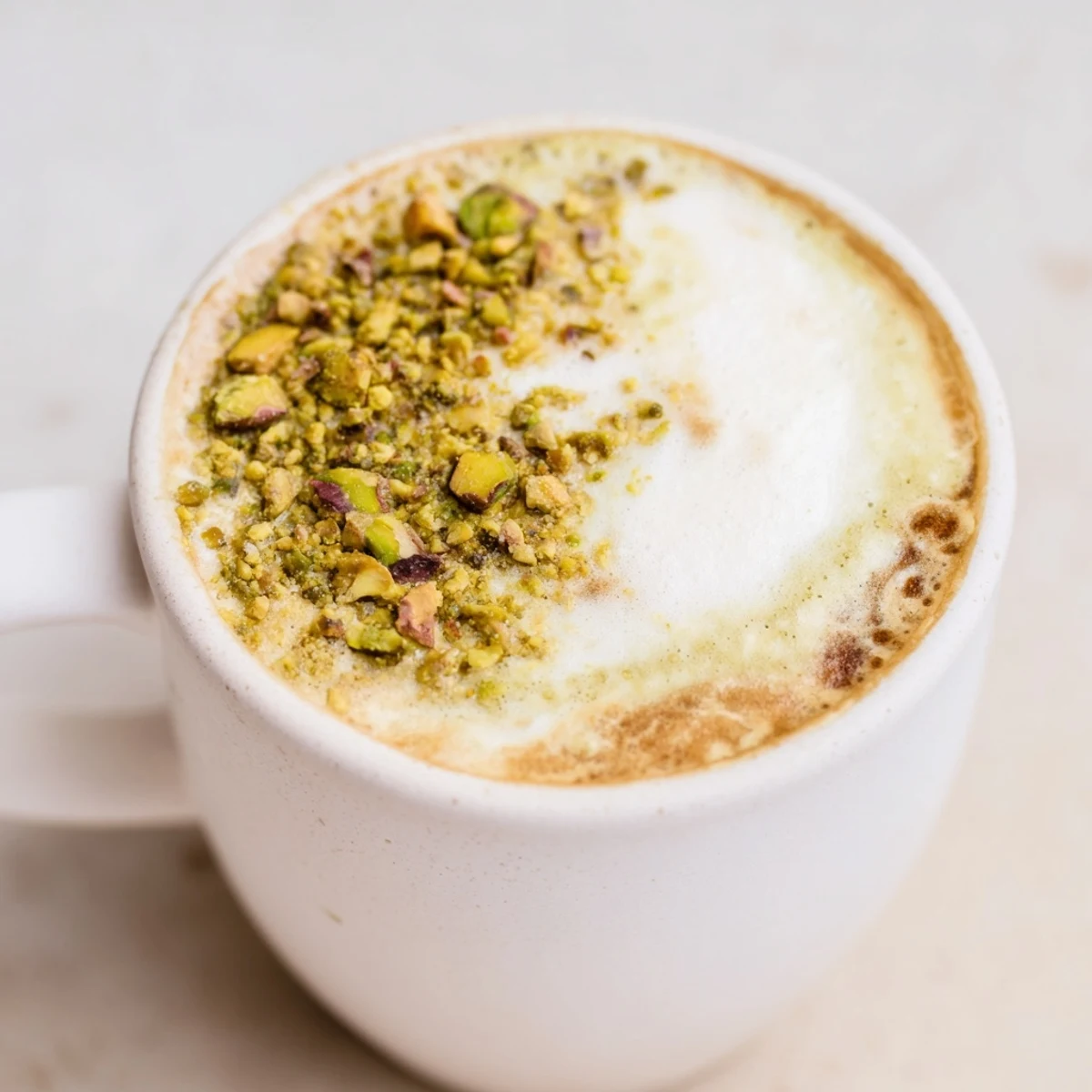 Creamy pistachio milk latte topped with crushed nuts, a delightful coffeehouse treat.  