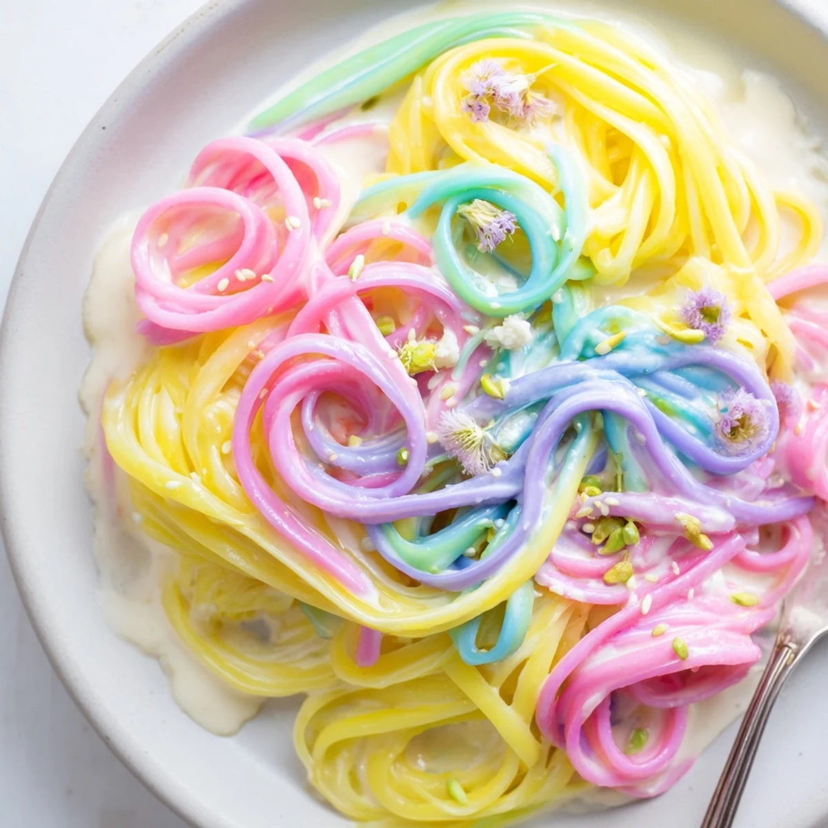 Colorful Neon Noodle Cloud dish topped with edible flowers, perfect for parties.  