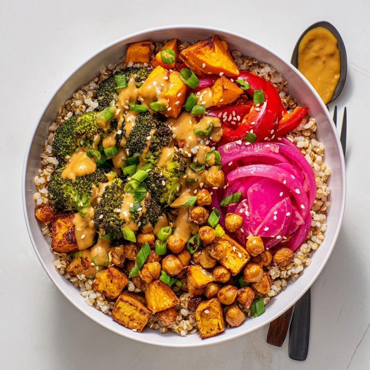 Vibrant Bold Sauce Drizzle Bowls with colorful roasted veggies and chickpeas.  