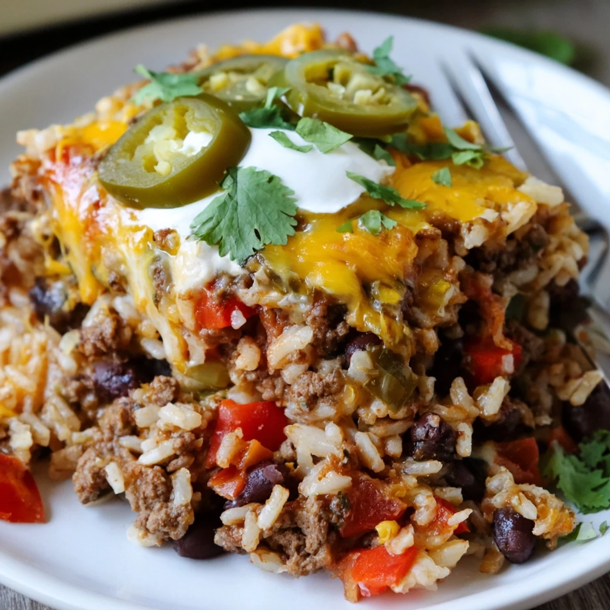 Hearty Tex-Mex Beef & Rice Casserole topped with melted cheese and fresh cilantro.  