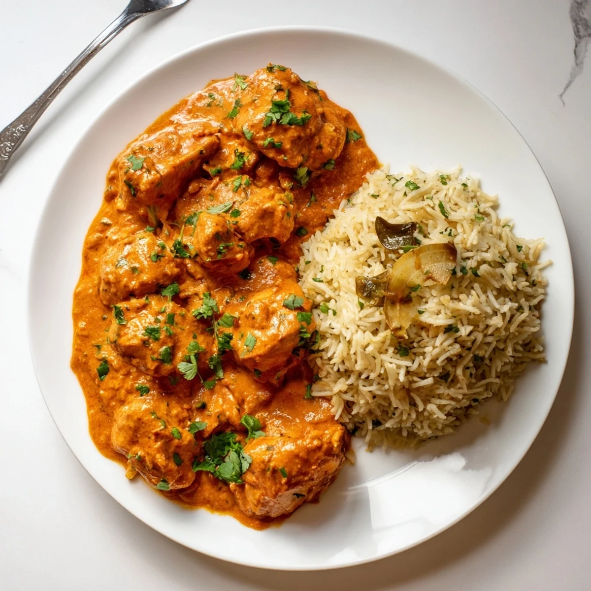 Tender butter chicken simmered in creamy tomato sauce with fragrant rice pilaf.  