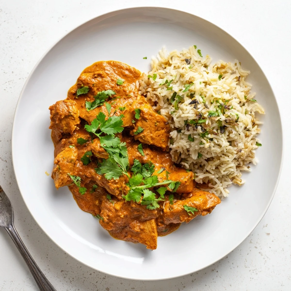 Aromatic butter chicken served over fluffy basmati rice pilaf garnished with cilantro.  