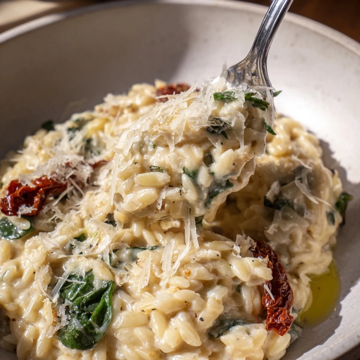 Creamy Tuscan Orzo Bowl with vibrant sun-dried tomatoes and fresh spinach highlights comfort food.  