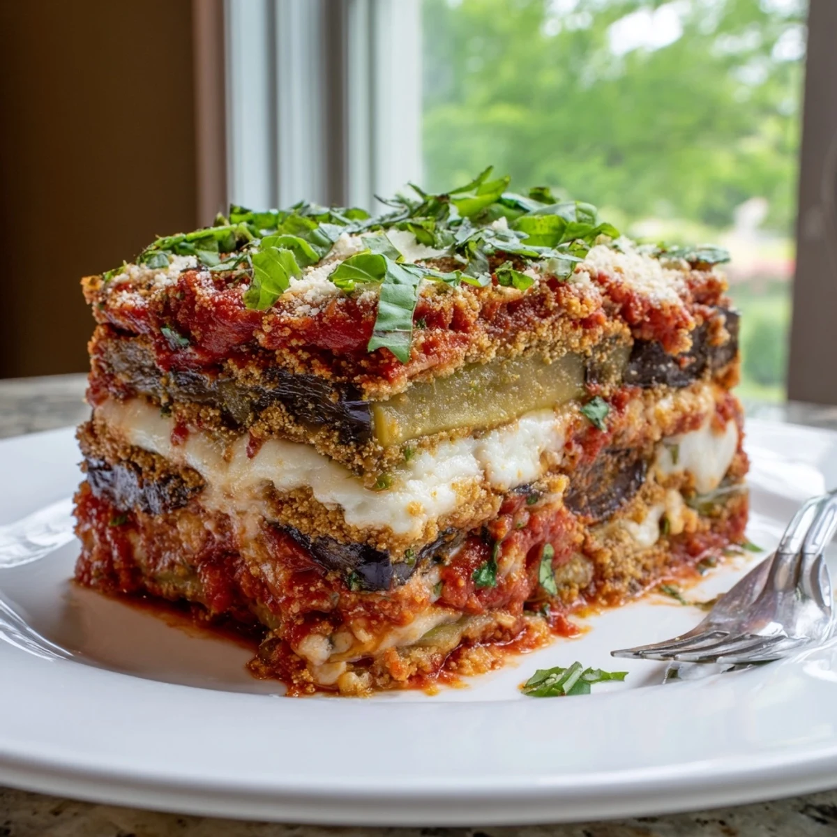 Layers of Eggplant Parmesan Lasagna topped with melted cheese and fresh basil garnish.  