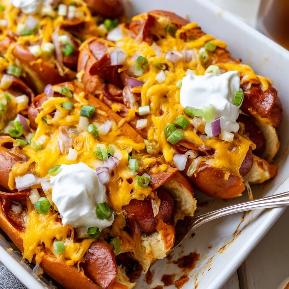 Delicious Chili Dog Casserole layered with hot dogs, chili, and melted cheddar.  