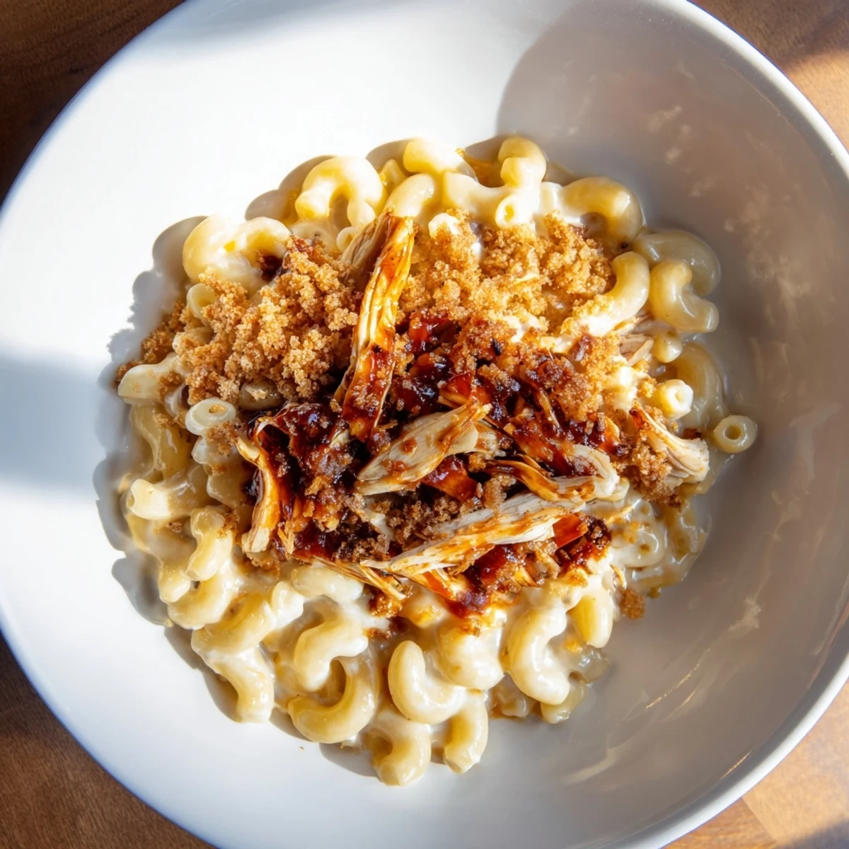Creamy classic mac & cheese topped with smoky BBQ chicken, a perfect comfort dish.  