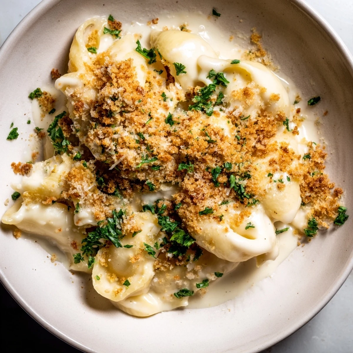 Decadent truffle macaroni and cheese topped with golden, crispy panko breadcrumbs.  