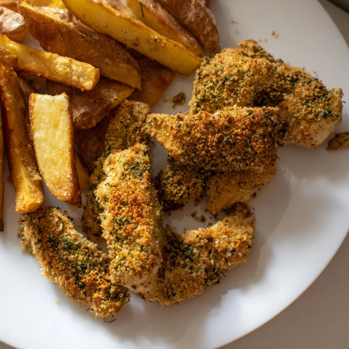 Golden-brown Herbed Chicken Tenders with crisp potato wedges, a hearty, homemade American dinner, ready to eat.