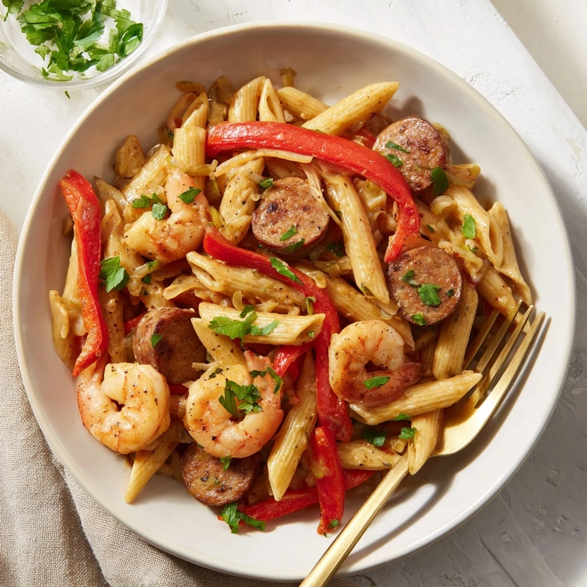 Cajun Sausage & Shrimp Alfredo pasta skillet, a creamy dish with perfectly cooked shrimp and savory sausage.