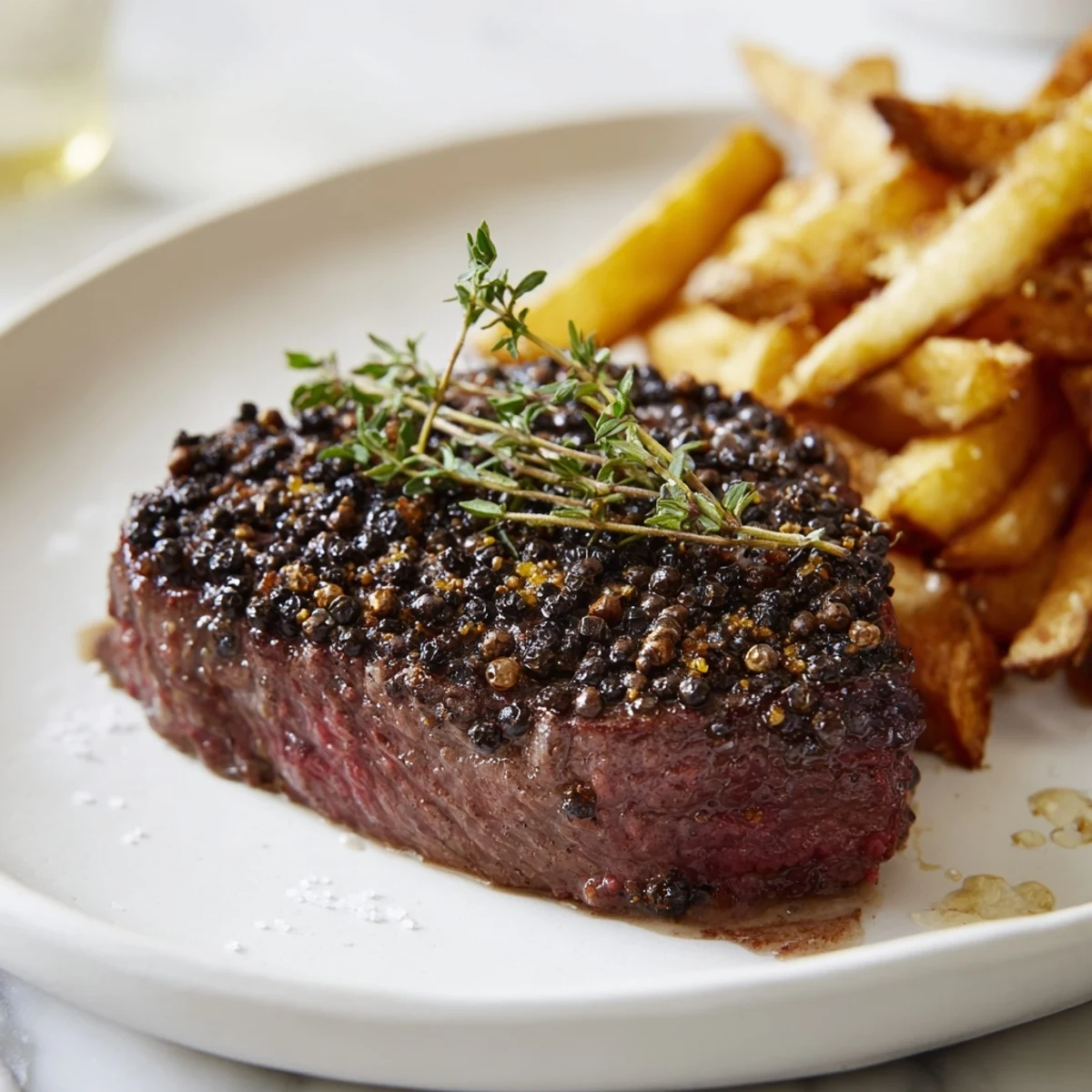 Close-up view of the classic peppercorn ribeye, seared to perfection beside golden, crispy fries.