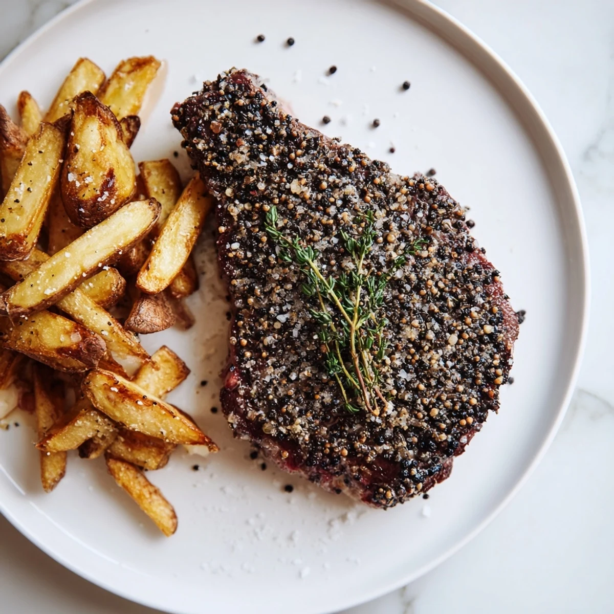 A visually appealing plate of classic peppercorn ribeye, featuring a perfectly cooked steak and tempting fries.