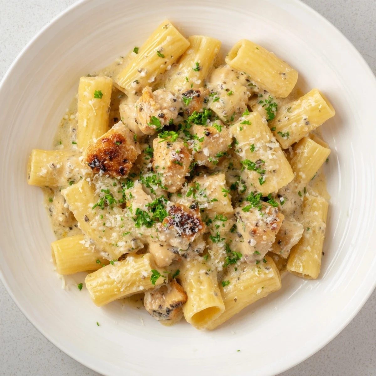 Golden chicken and rigatoni swimming in a rich, creamy garlic Parmesan sauce ready to serve.