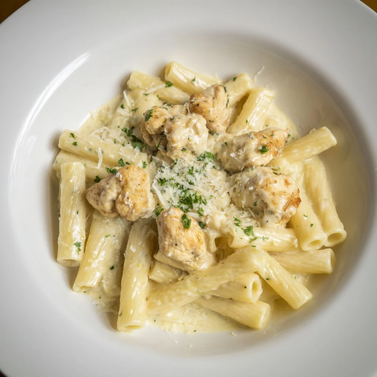 Fresh parsley garnishes the perfectly cooked Creamy Garlic Parmesan Chicken Rigatoni atop a plate.