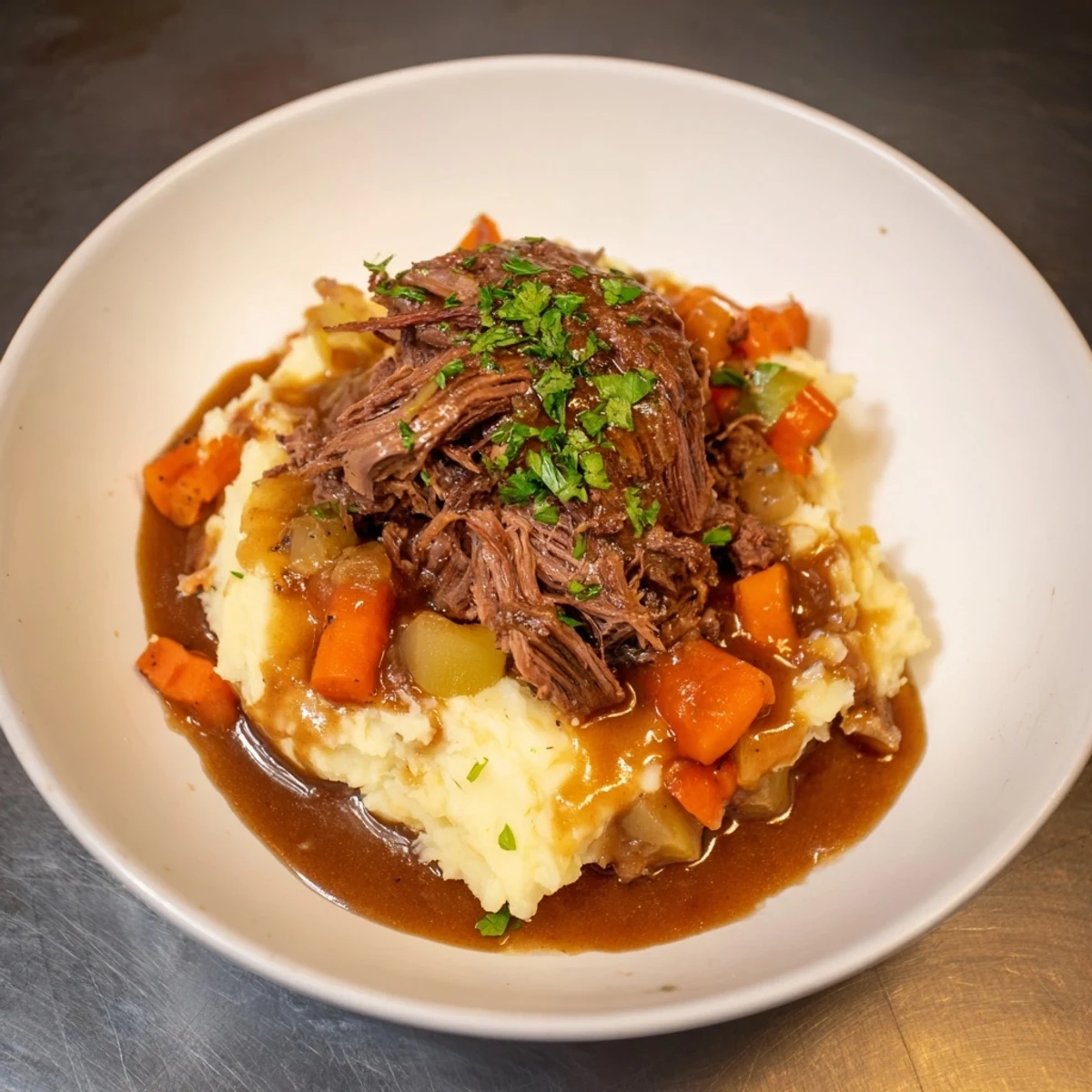 Fork-tender Slow Cooker Pot Roast with tender carrots atop fluffy mashed potatoes.