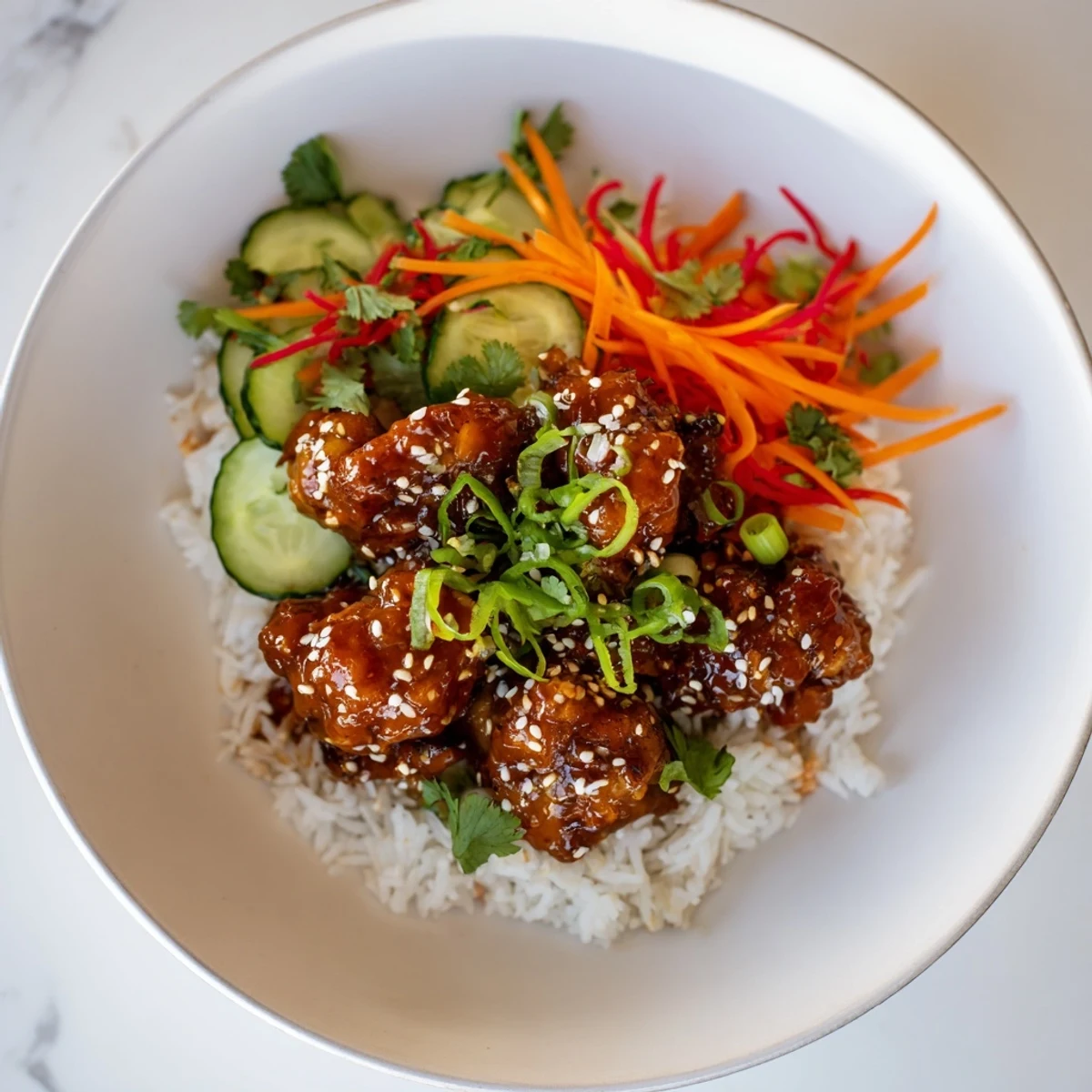 Sriracha Honey Chicken Rice Bowl: A colorful image showcasing glistening, glazed chicken atop fluffy rice and fresh veggies.
