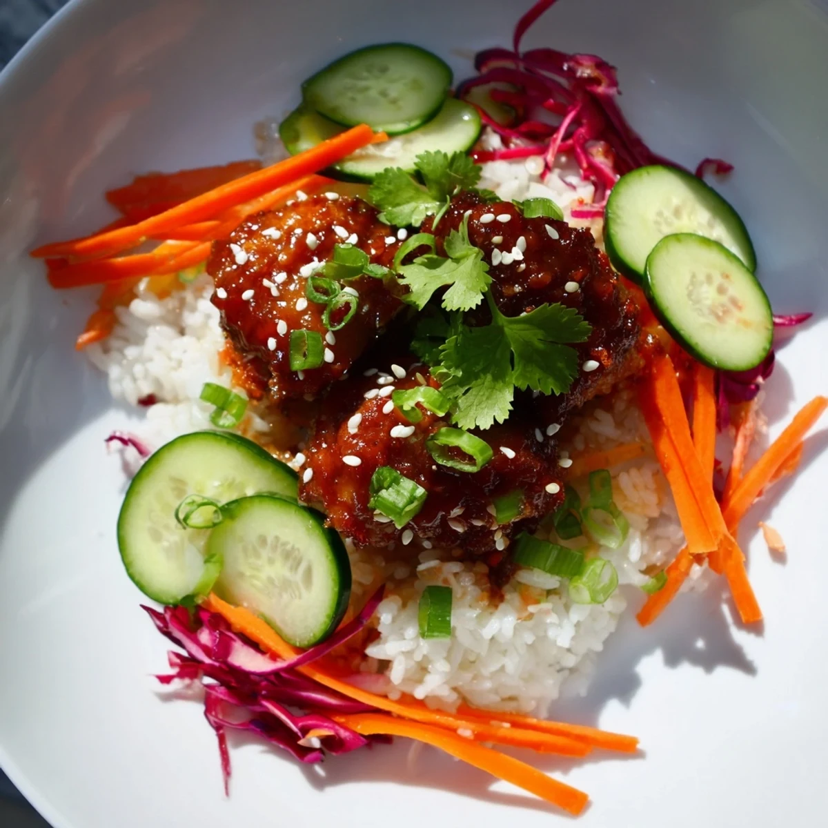Sriracha Honey Chicken Rice Bowl with a sweet and spicy aroma, featuring tender chicken and vibrant garnishes.