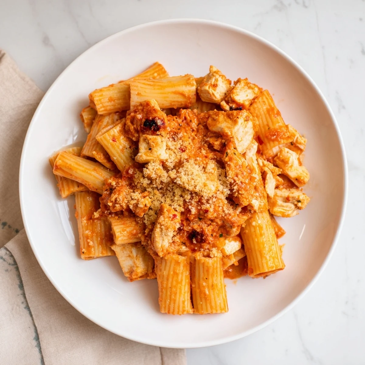 Close-up of a casserole filled with Baked Chicken Parmesan Pasta; pasta, chicken, and melted cheese.