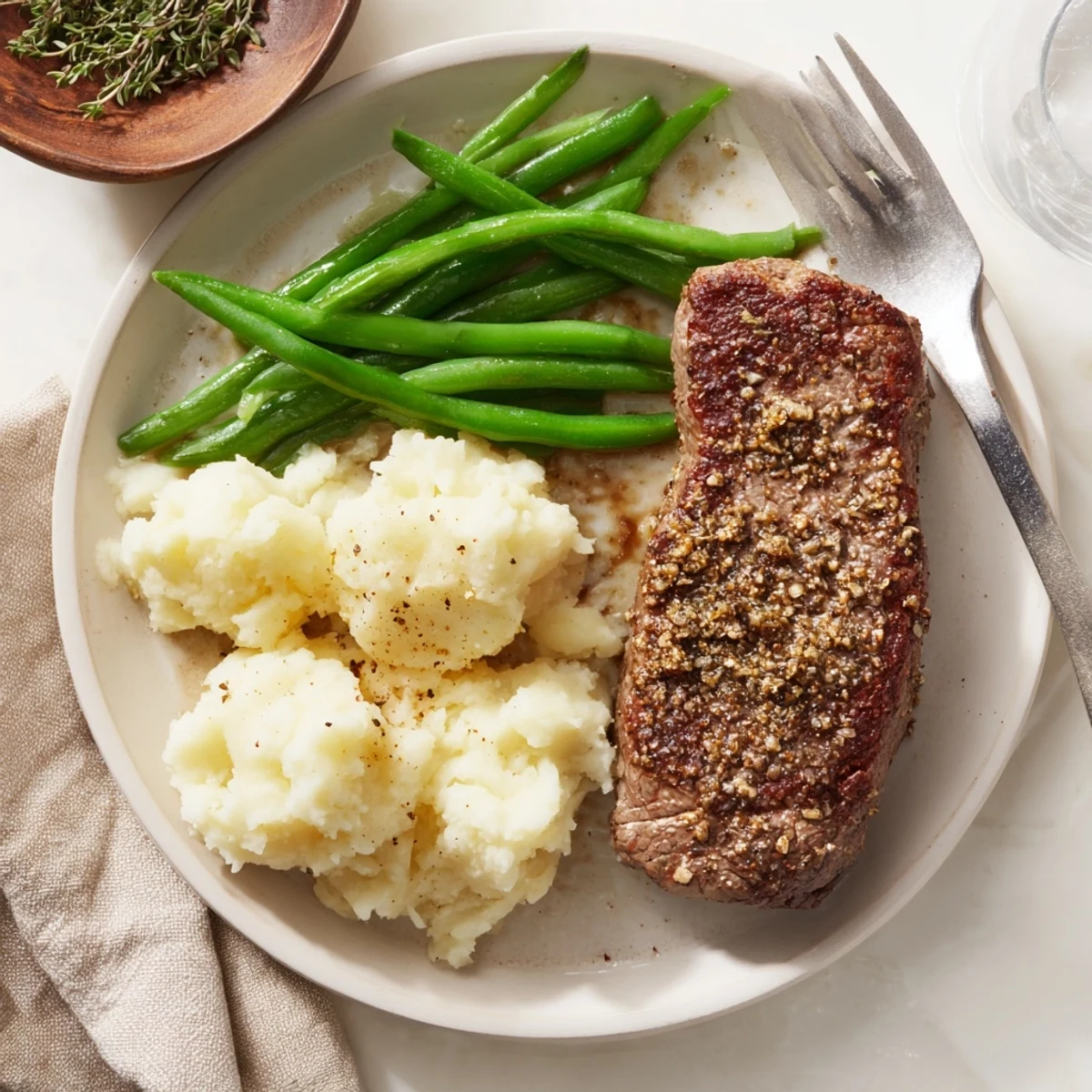 This sheet pan Steak & Garlic Mash features seared steak next to a mound of creamy mashed potatoes and vibrant green beans.