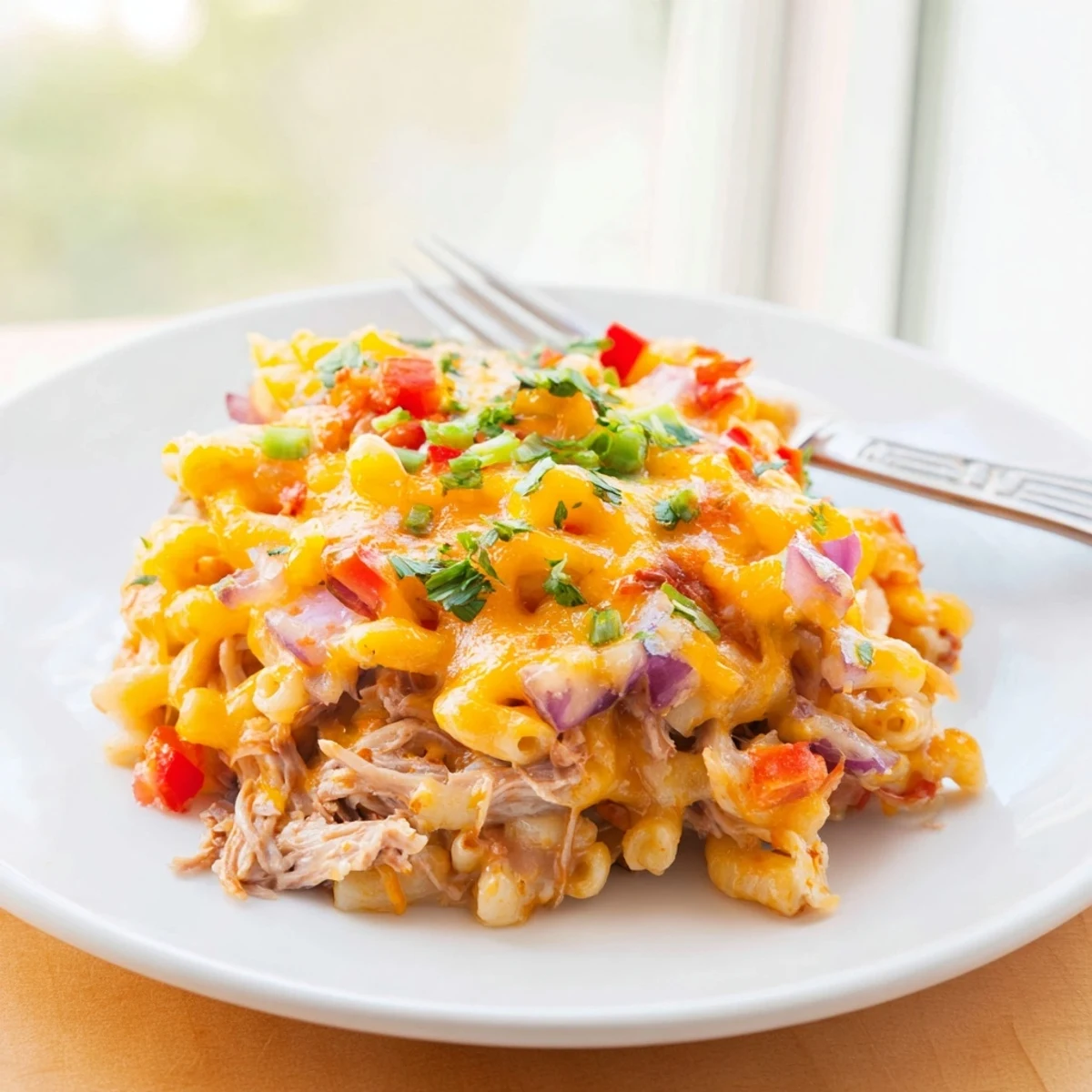 BBQ Rib Macaroni Skillet bubbling hot from the oven, with melted cheese and tender rib pieces.